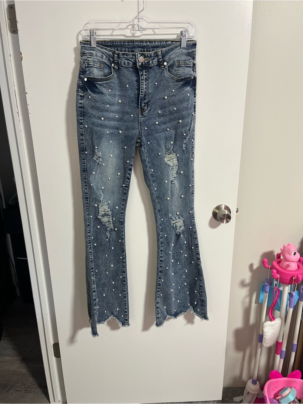 Amazon Women’s Pearl-Embellished Distressed Boot Cut Jeans - Dark Blue